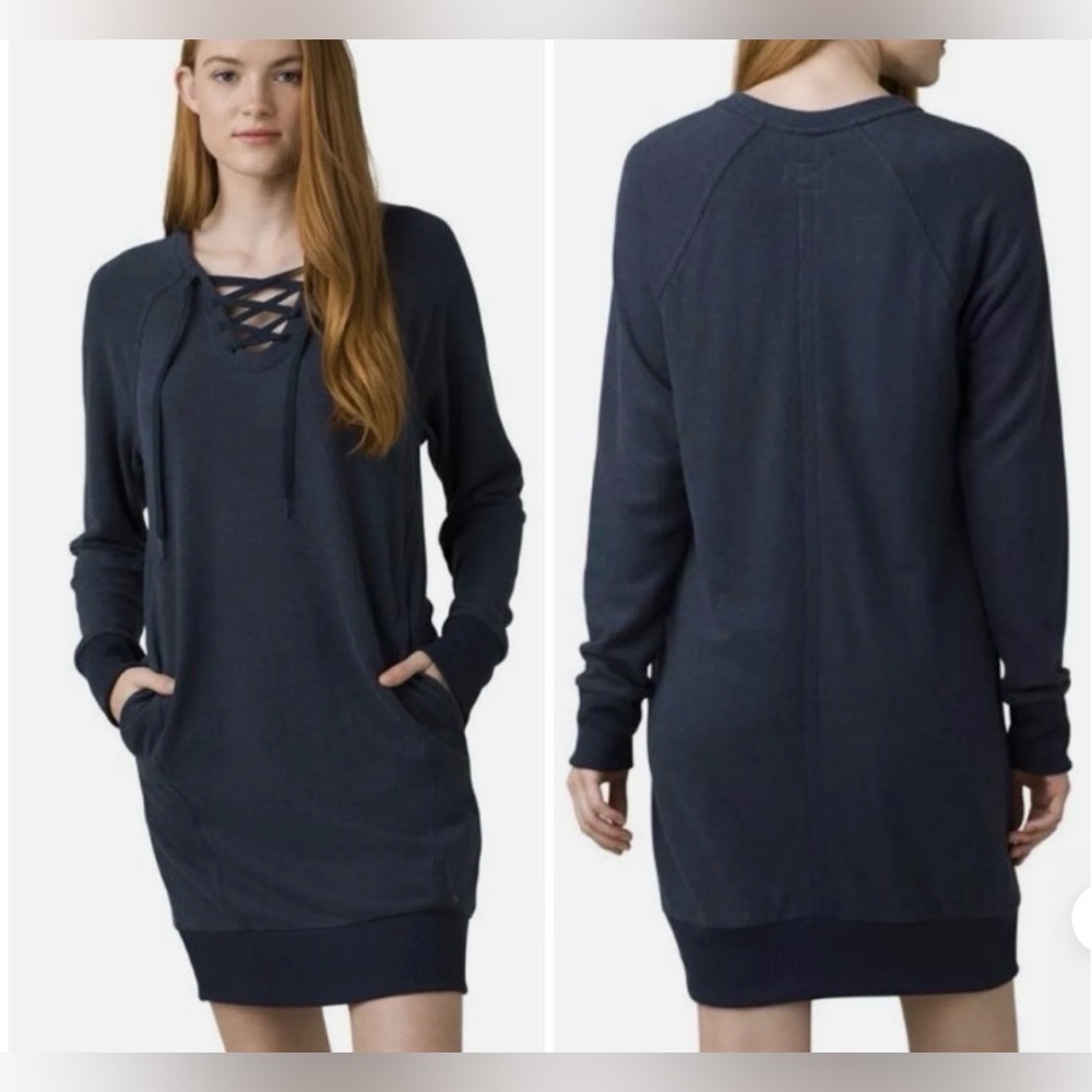 Prana Cozy Up Terry Nautical Blue Long Sleeve Lace Up Relaxed Hemp Dress XL